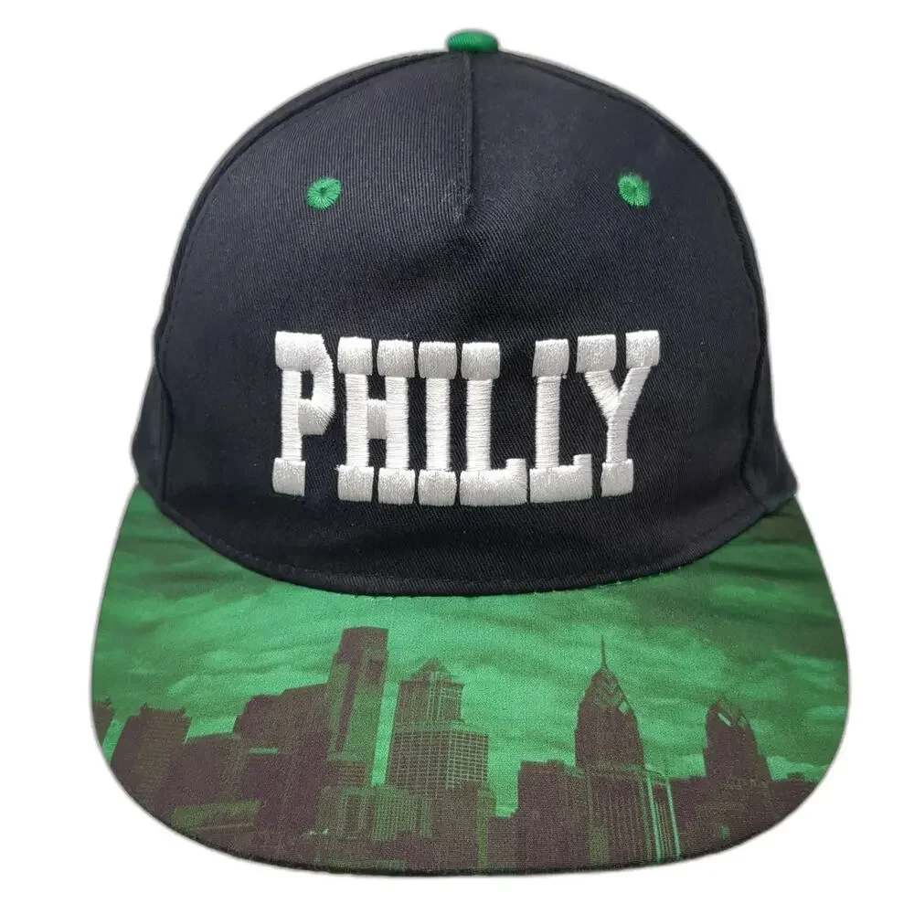 5 Panel Black Green One Size Philly Skyline Graphic Embroidered Snapback Hat